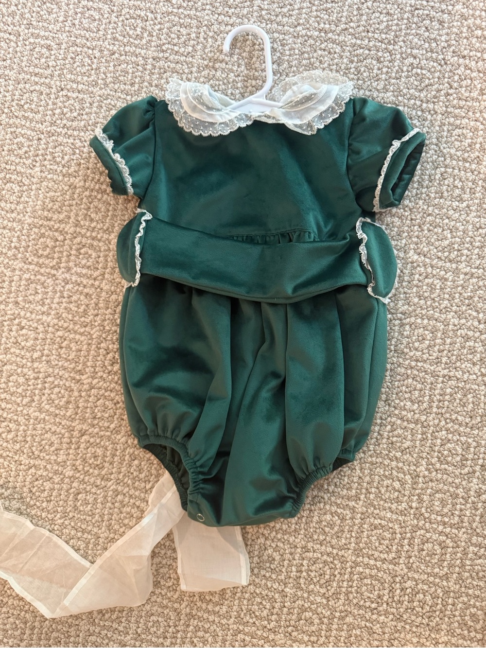 Sal and pimenta Emerald Green Baby Romper with Lace Collar